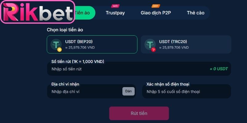 Thao tác rút tiền Rikbet trên từng kênh 